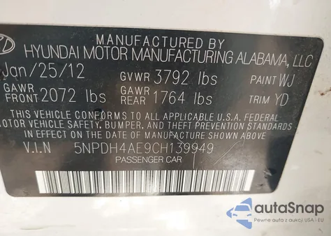 2012 Hyundai Elantra Gls z USA, uszkodzony, nr VIN 5NPDH4AE9CH139949